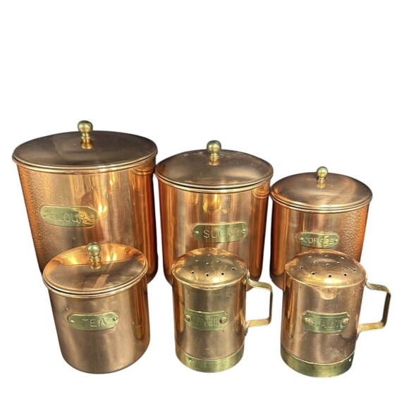 Vintage MCM Copper Brass Canister Set w Matching Salt & Pepper Korea 1970s - Picture 1 of 16